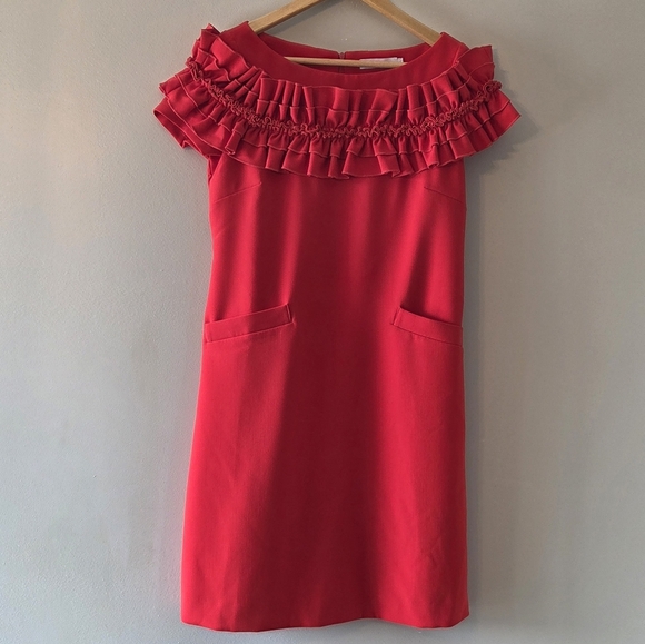 Anne Fontaine Petunia Red A-line Short Sleeve Pockets Dress With Ruffles EU 38 - Picture 9 of 16